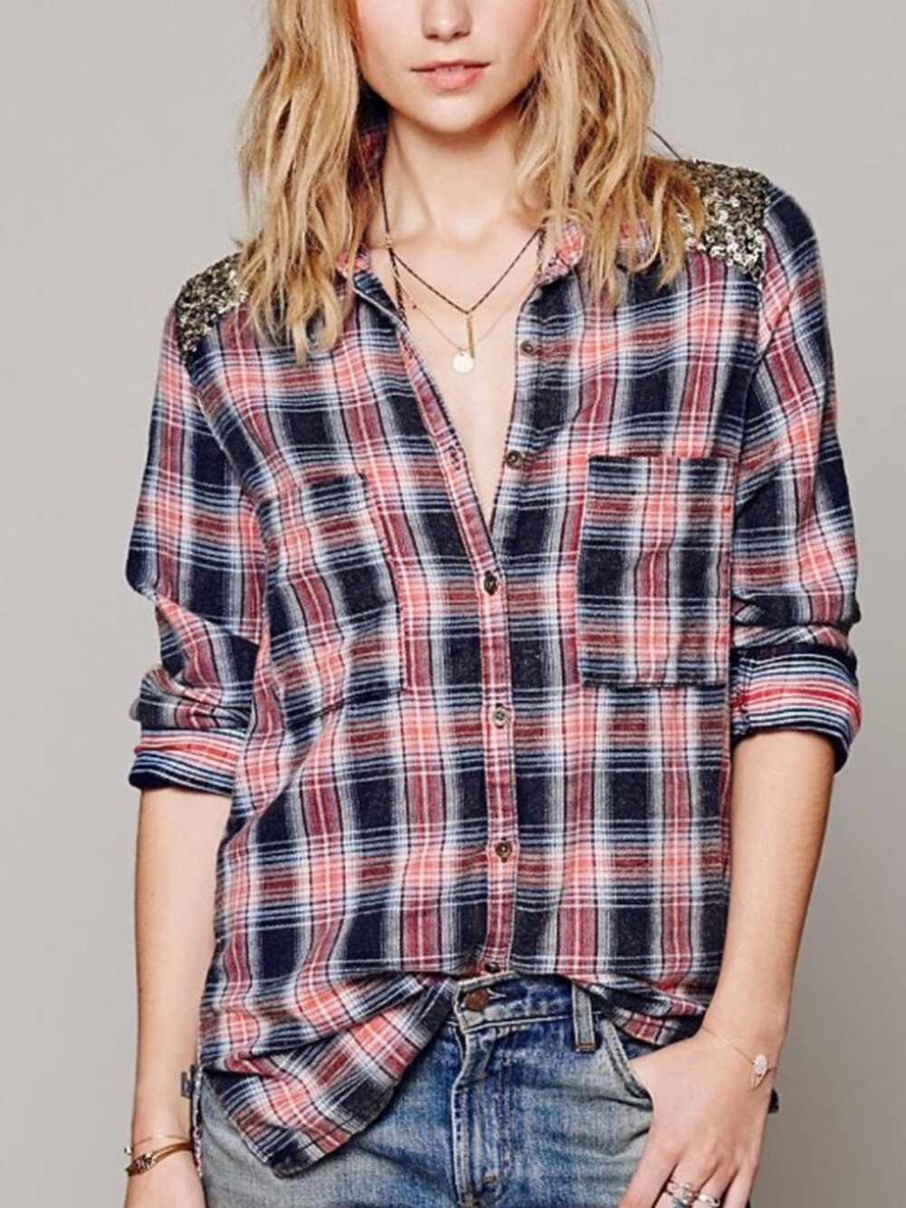 Free People Flannel Sequin Long Tunic Blouse Plaid size XS - Small (oversized)